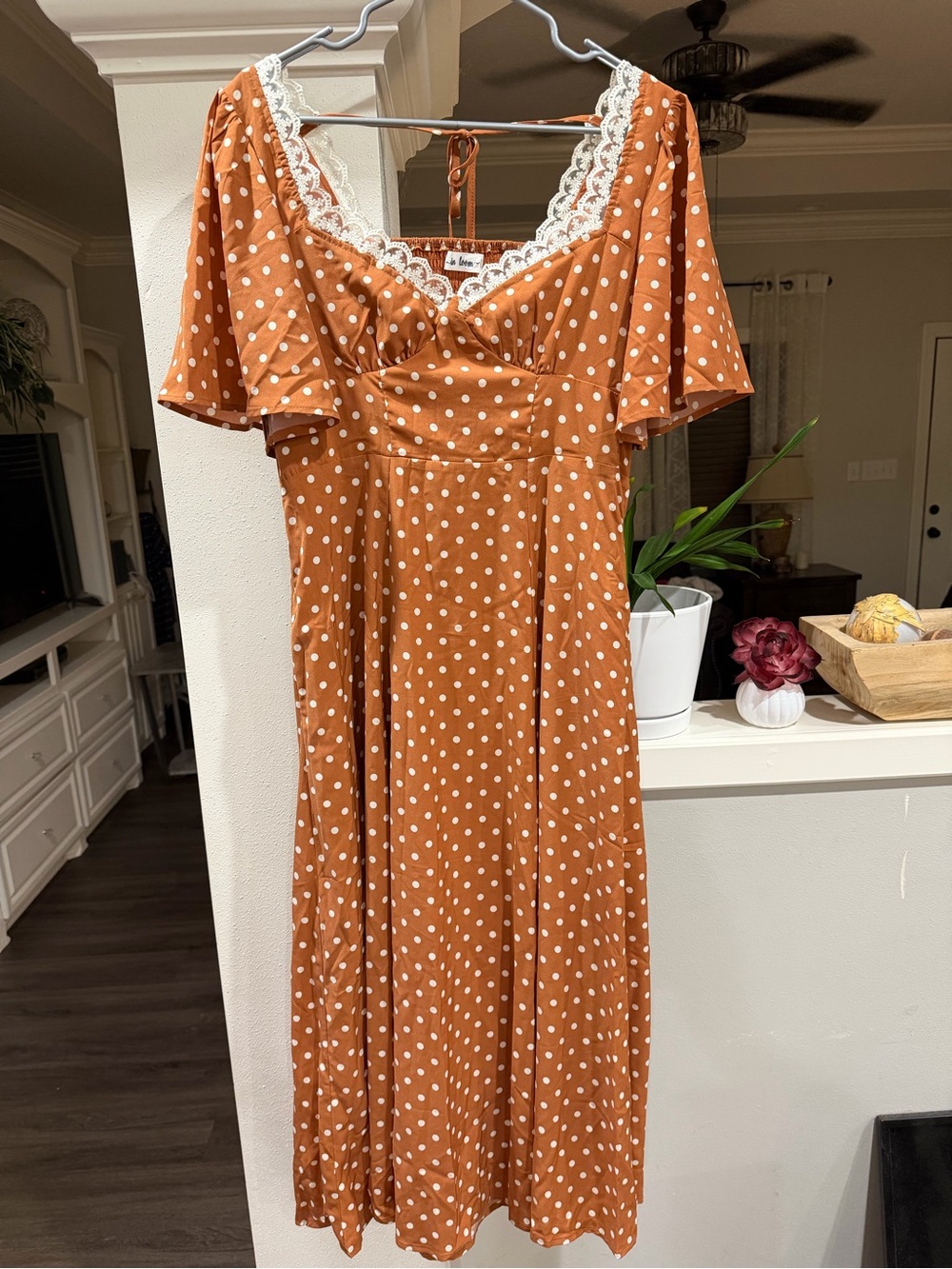 In Loom Women's Golden Maple Polka Dot Lace-Trim Midi Dress Sz L